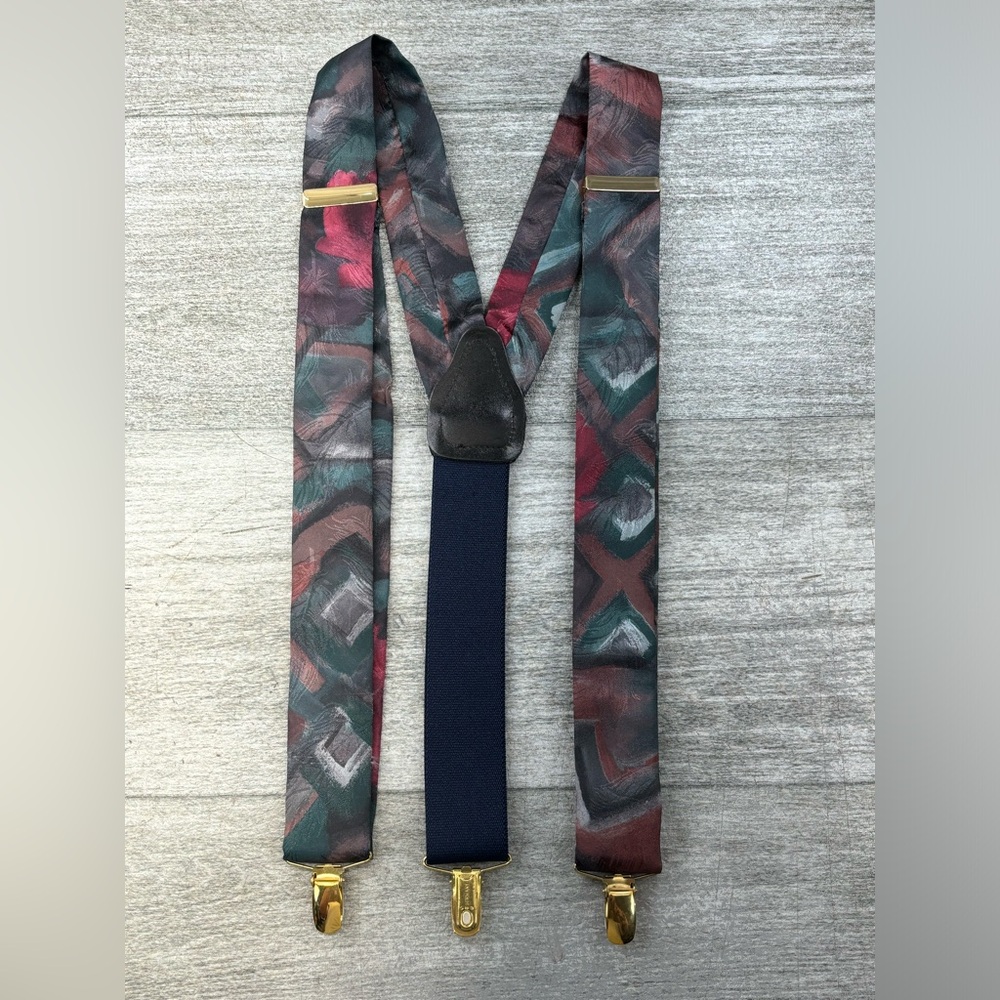 VTG CAS GERMANY Suspenders Braces Clip On Y Back 80s Abstract Colorful Gold 1.5”